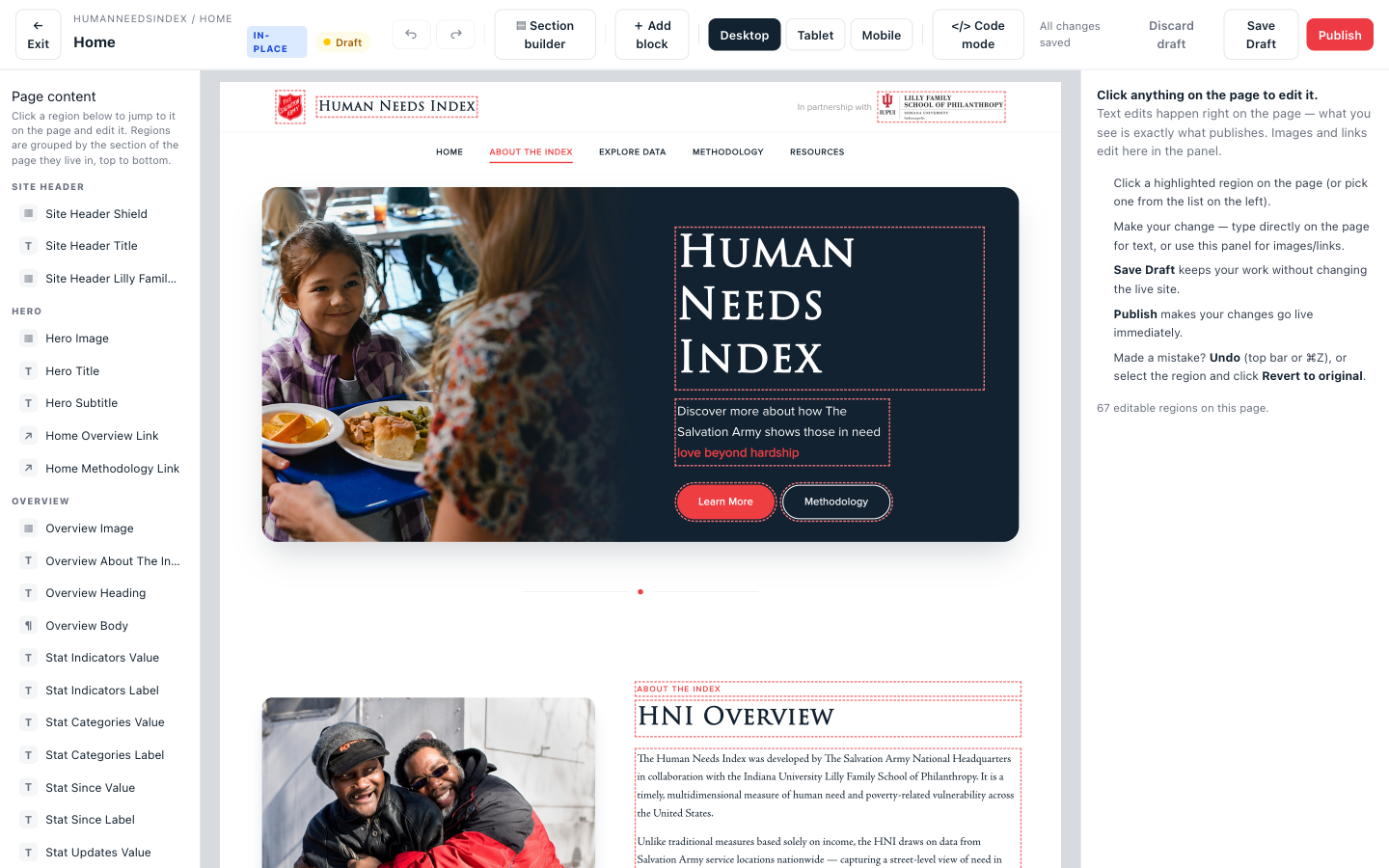My visual CMS displaying the Human Needs Index website, inline editor, page structure, and publishing controls